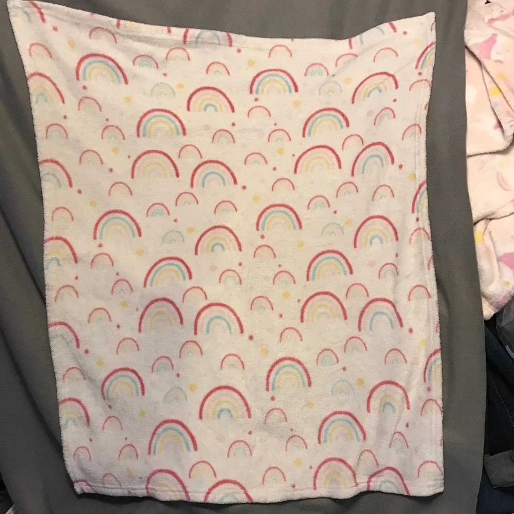 Parents Choice Baby Blanket White Rainbow Pink Yellow Blue Plush Fleece Nursery